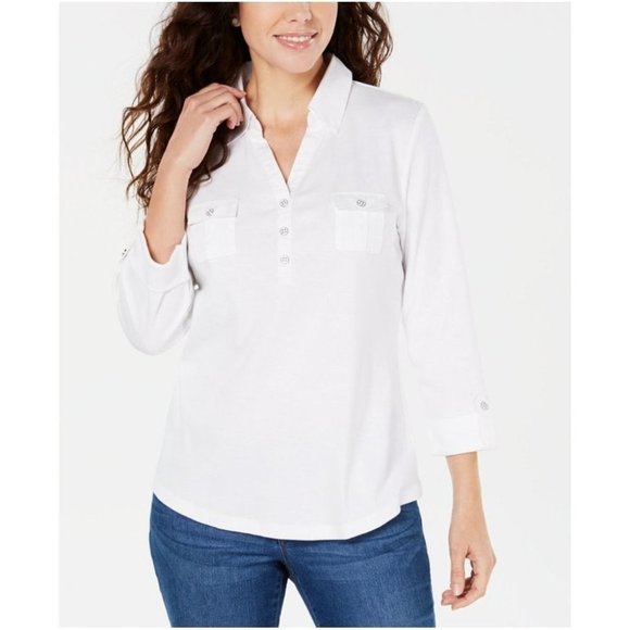Karen Scott Tops - Karen Scott Woven 3/4-Sleeve Shirt Bright White L